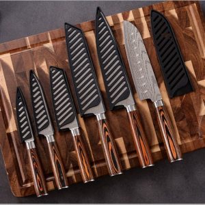 damascus style kitchen knife set with wood handles