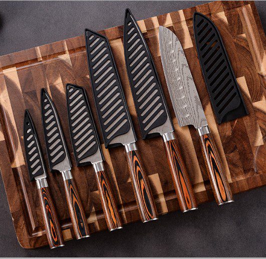 damascus style kitchen knife set with wood handles