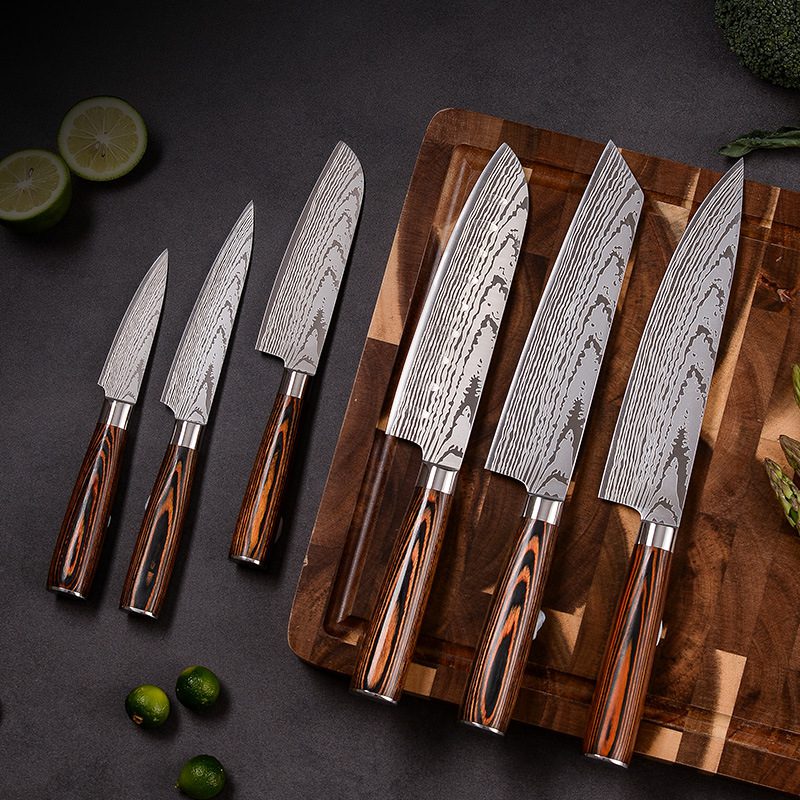 damascus style kitchen knife set with wood handles