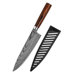 damascus style kitchen knife set with wood handles